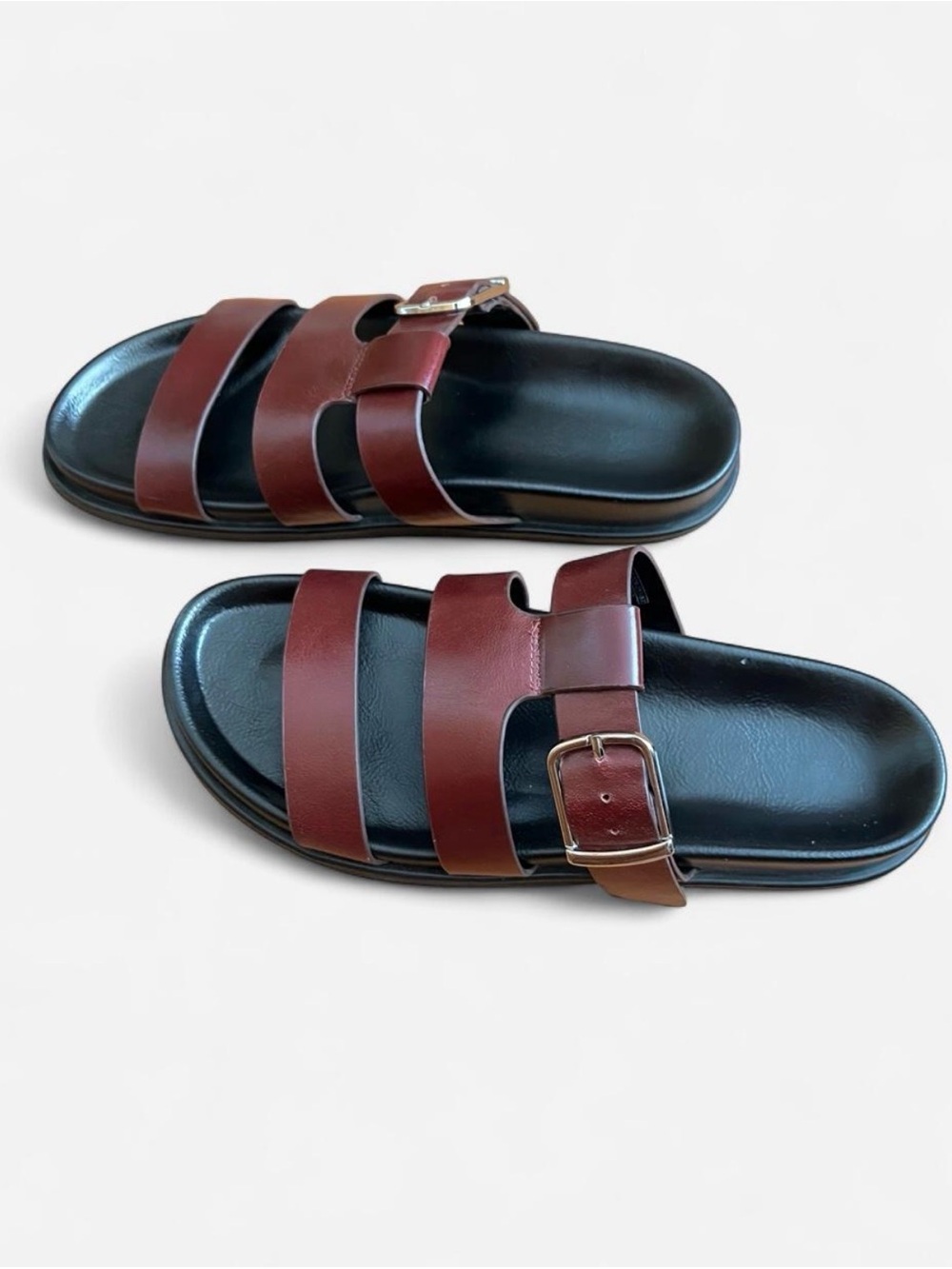Zara Burgundy Triple-strap Slide Sandals with Silver Buckles - Picture 2 of 5